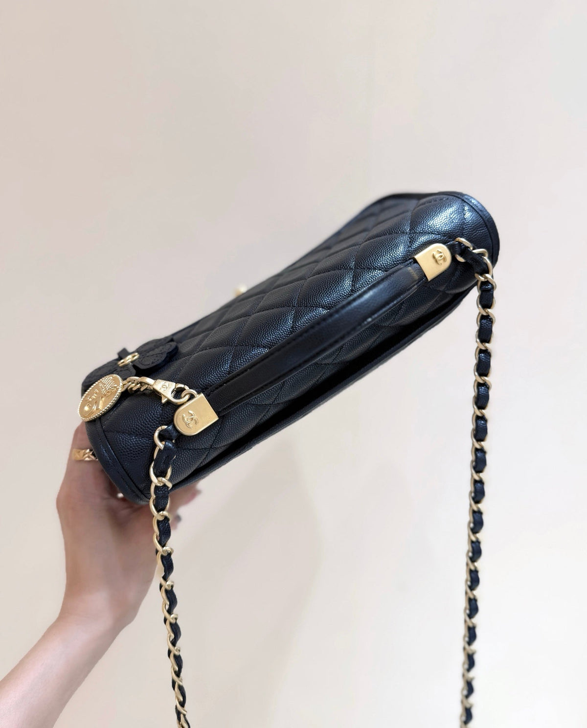 Chanel 2025 Four-Leaf Clover Bag 25cm Black Gold Caviar Leather 342125