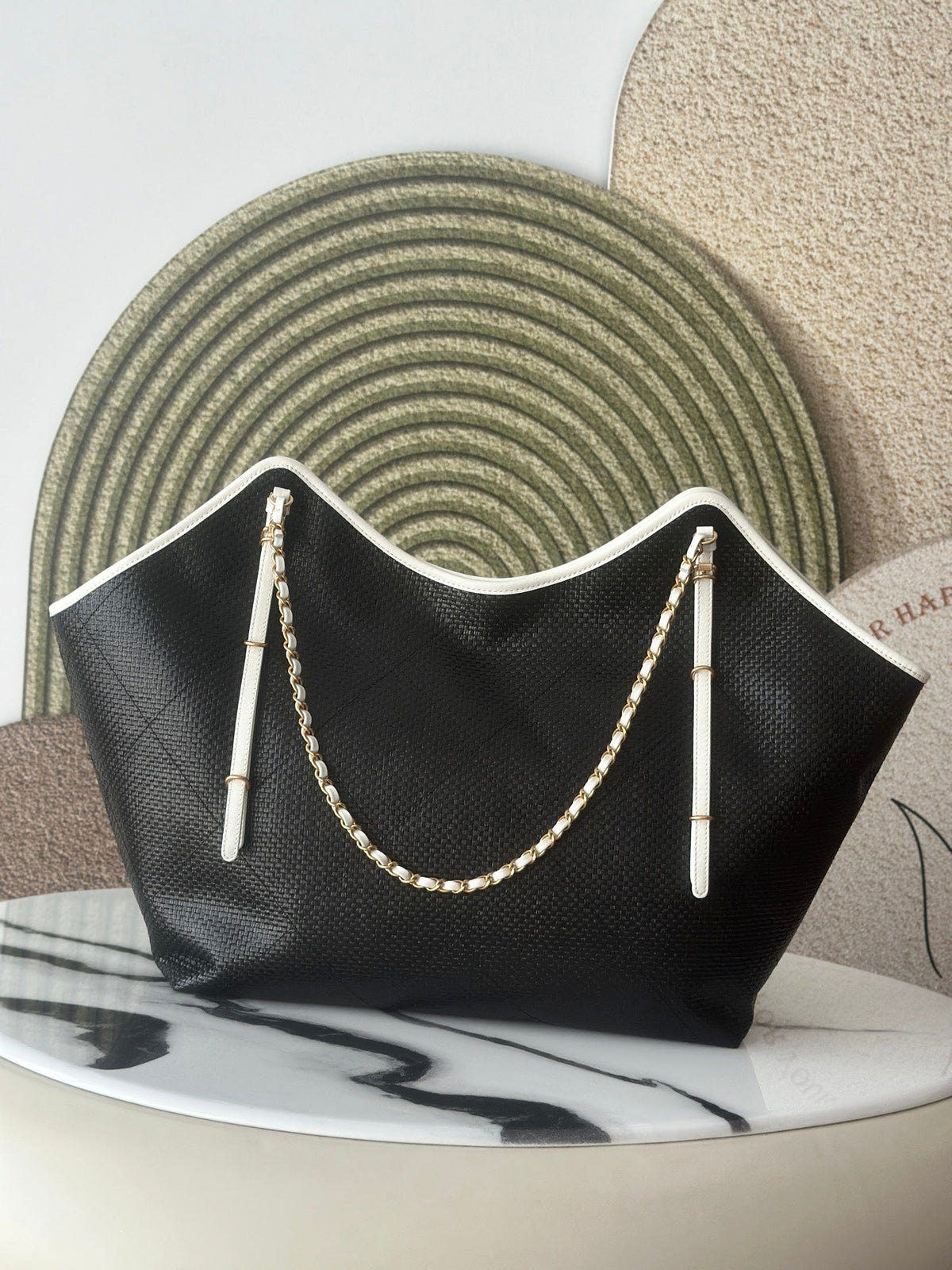 CC Maxi Hobo Bag 43cm Black Straw Leather