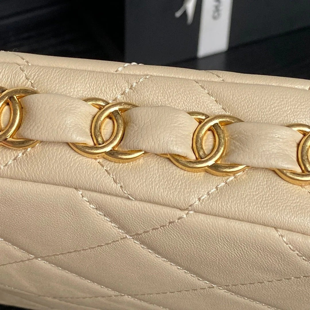 CC HOBO BAG 24 IN BEIGE CALFSKIN GOLD DOUBLE C THICK CHAIN