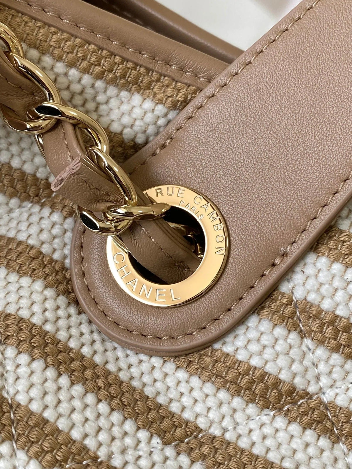 Chanel 2026 Deauville Tote Bag 46cm Beige mix White Canvas Leather 331126