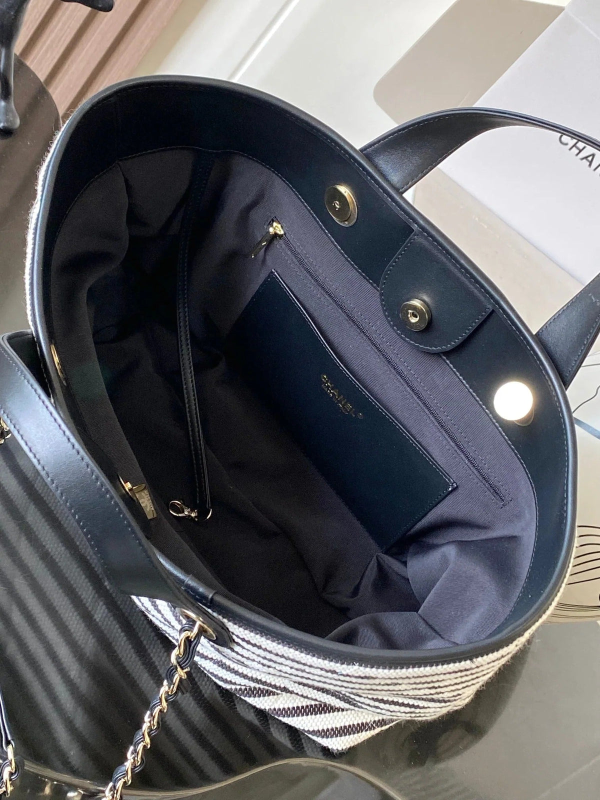 Chanel 2026 Deauville Tote Bag 46cm Black mix White Canvas Leather 331127