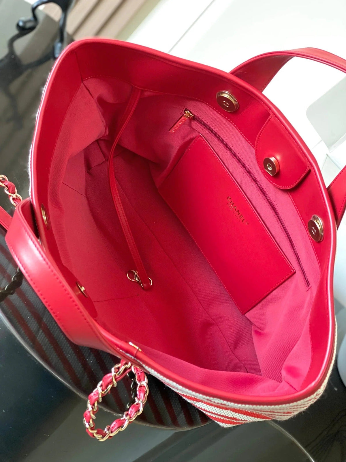 Chanel 2026 Deauville Tote Bag 46cm Red mix White Canvas Leather 331128
