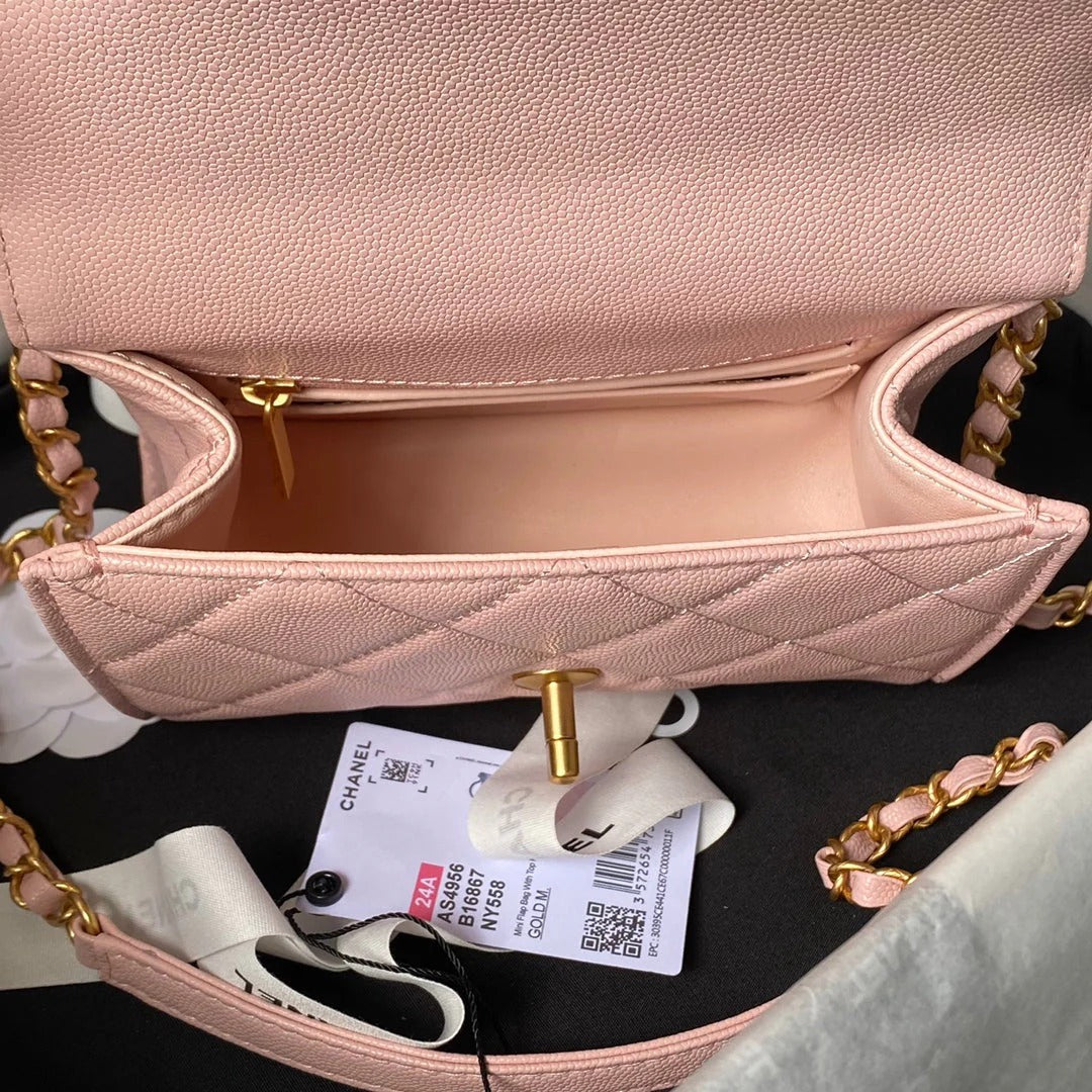 CC  25S FLAP BAG 18 CM IN LIGHT PINK GRAINED LAMBSKIN WITH TOP HANDLE