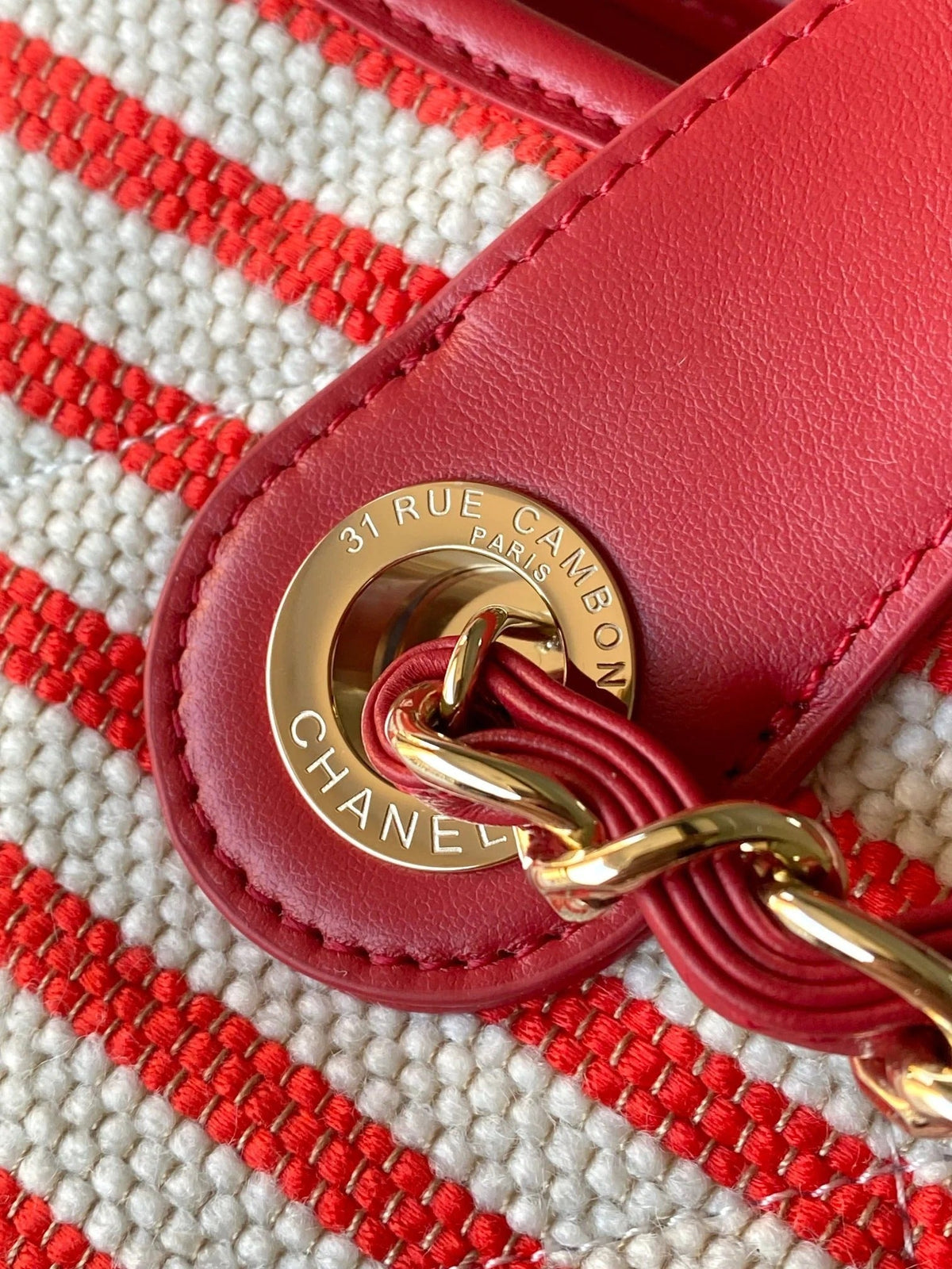 Chanel 2026 Deauville Tote Bag 46cm Red mix White Canvas Leather 331128