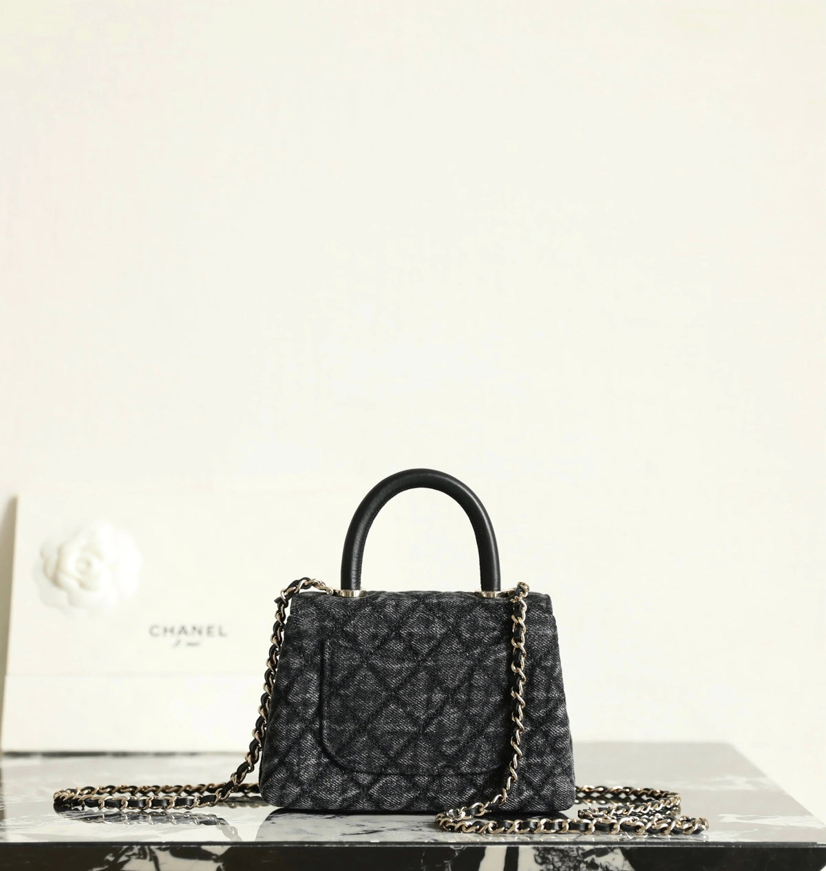 Chanel 2026 Coco Top Handle Bag 14.5cm Black Denim Leather 352687