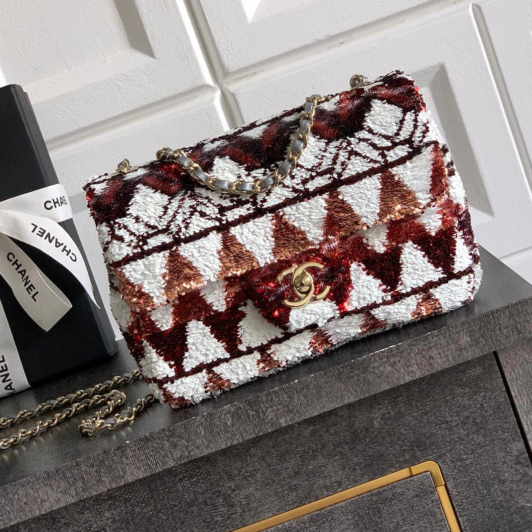 Chanel 2026 Flap Bag 20cm Red mix White Sequin Leather