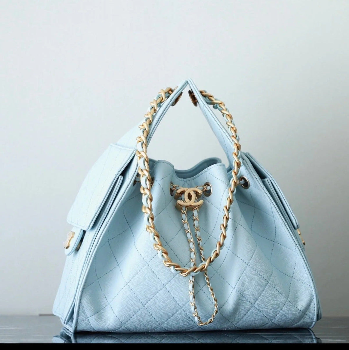 CHANEL 25S HOBO BAG 30 CM IN PASTEL BLUE LAMBSKIN WITH GOLD HARDWARE