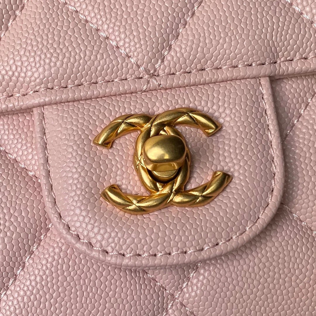 CC  25S FLAP BAG 18 CM IN LIGHT PINK GRAINED LAMBSKIN WITH TOP HANDLE
