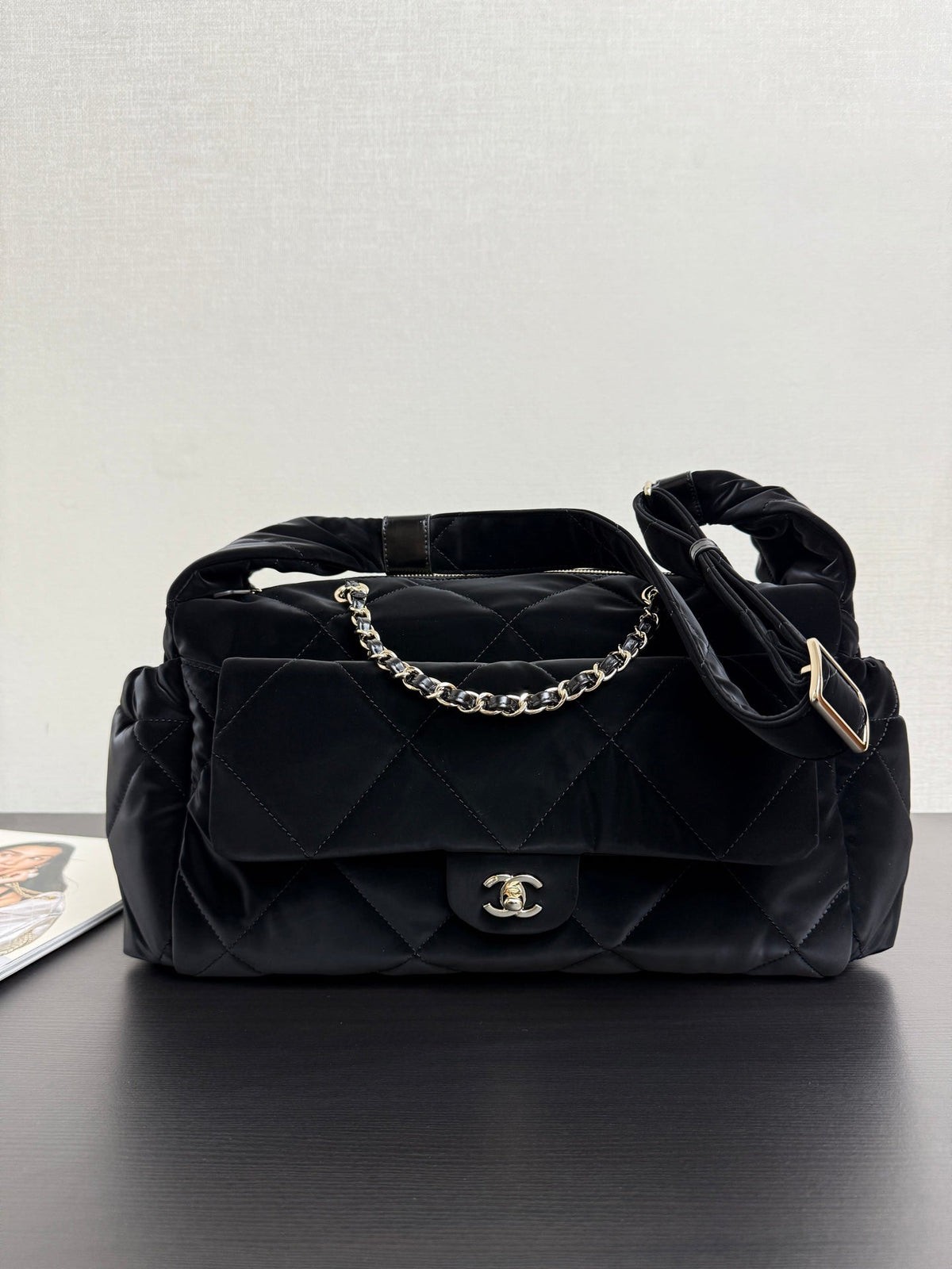 Chanel 26 Bowling Maxi Bag 32 Black Velvet Effect Nylon