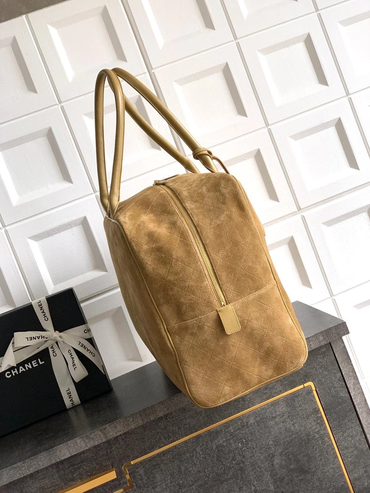 Chanel 2026 Boston Bag 41cm Beige Suede