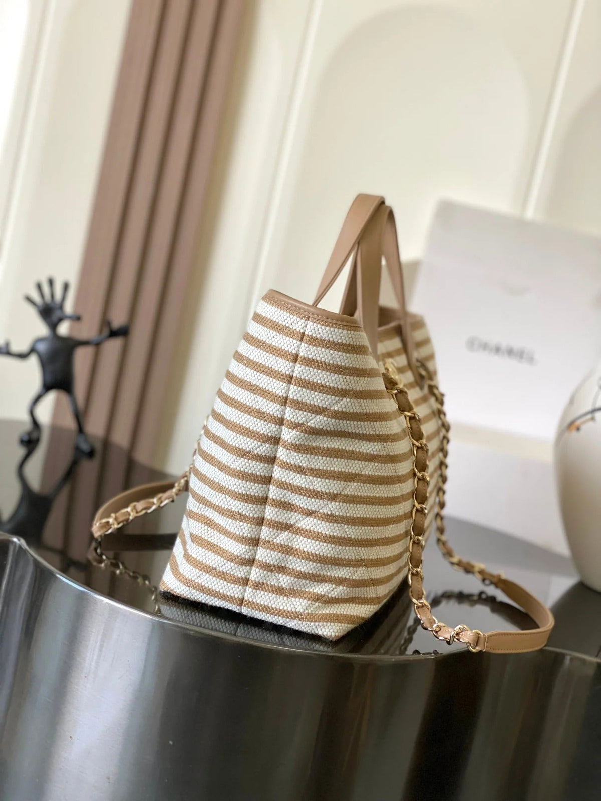 Chanel 2026 Deauville Tote Bag 46cm Beige mix White Canvas Leather 331126