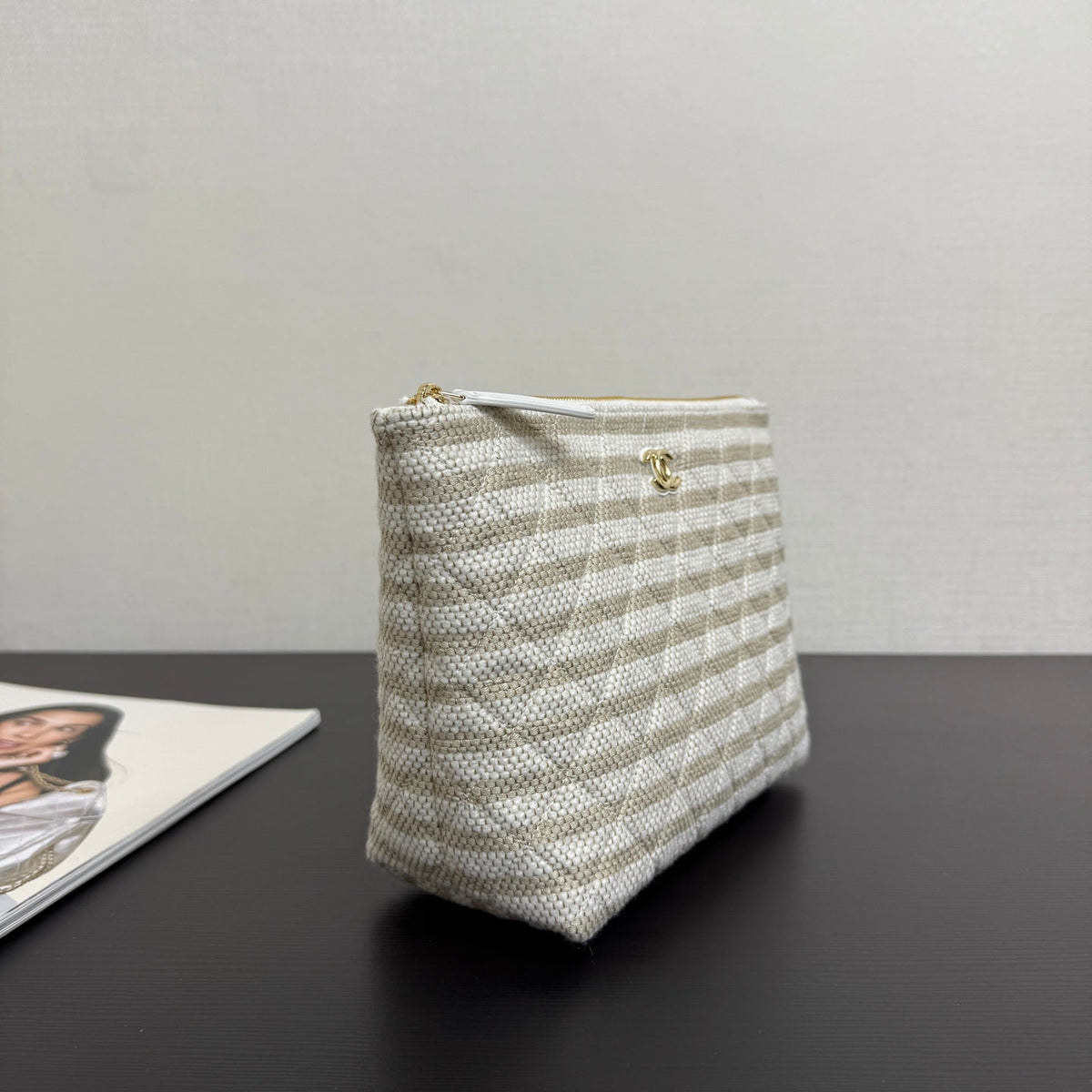 Chanel 26 Woven Clutch 19 White Beige Canvas