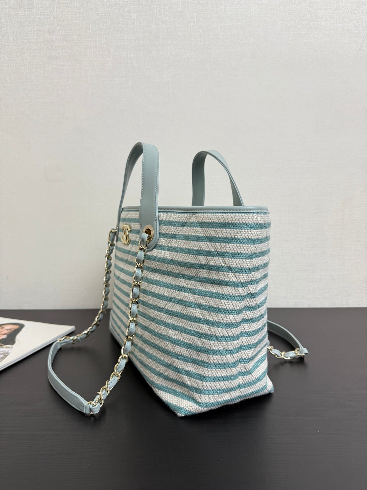 Chanel 26 Woven Beach Bag 46 White Light Blue Canvas Leather