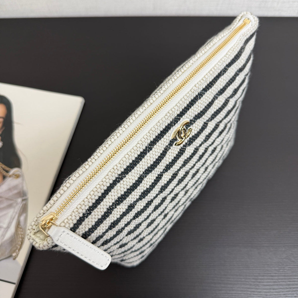 Chanel 26 Woven Clutch 19 White Black Canvas