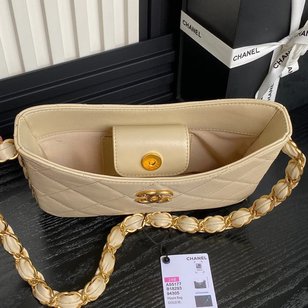 CC HOBO BAG 24 IN BEIGE CALFSKIN GOLD DOUBLE C THICK CHAIN