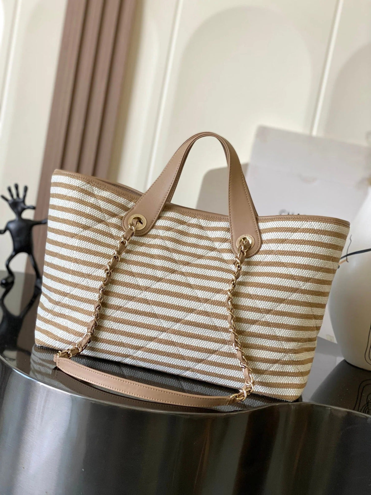 Chanel 2026 Deauville Tote Bag 46cm Beige mix White Canvas Leather 331126