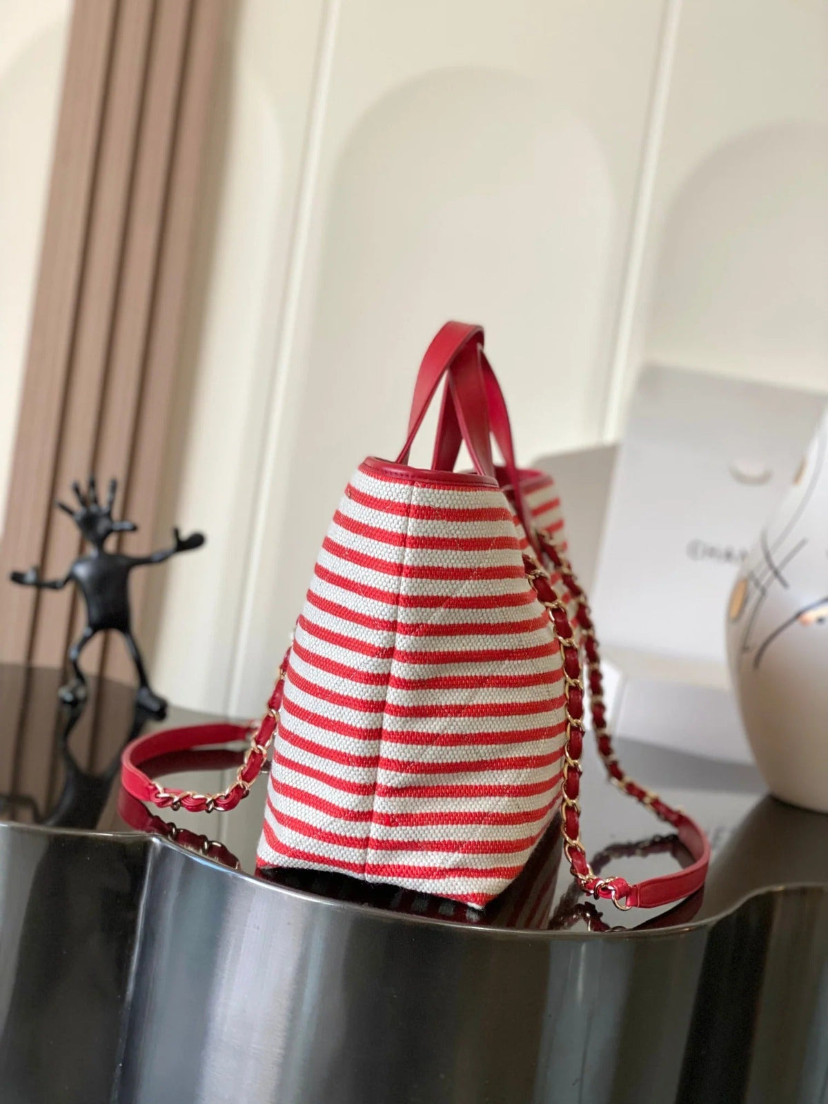 Chanel 2026 Deauville Tote Bag 46cm Red mix White Canvas Leather 331128
