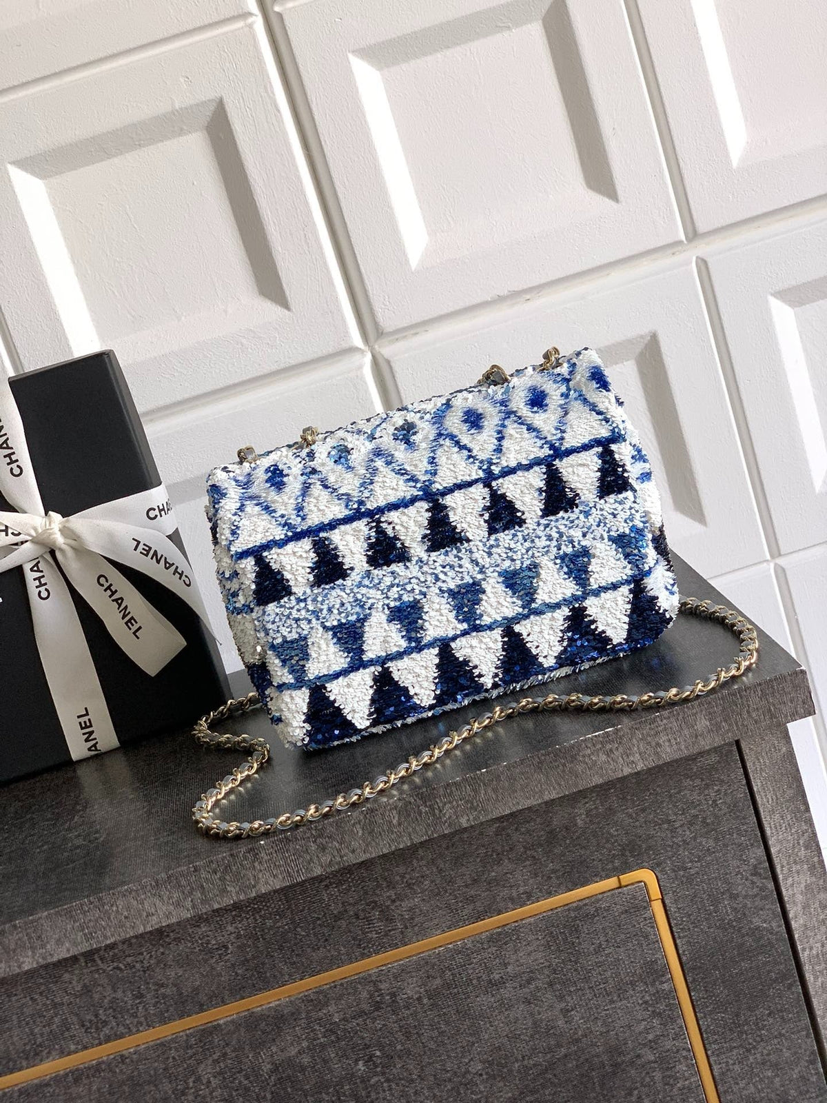 Chanel 2026 Flap Bag 20cm Blue mix Colors Sequin Leather