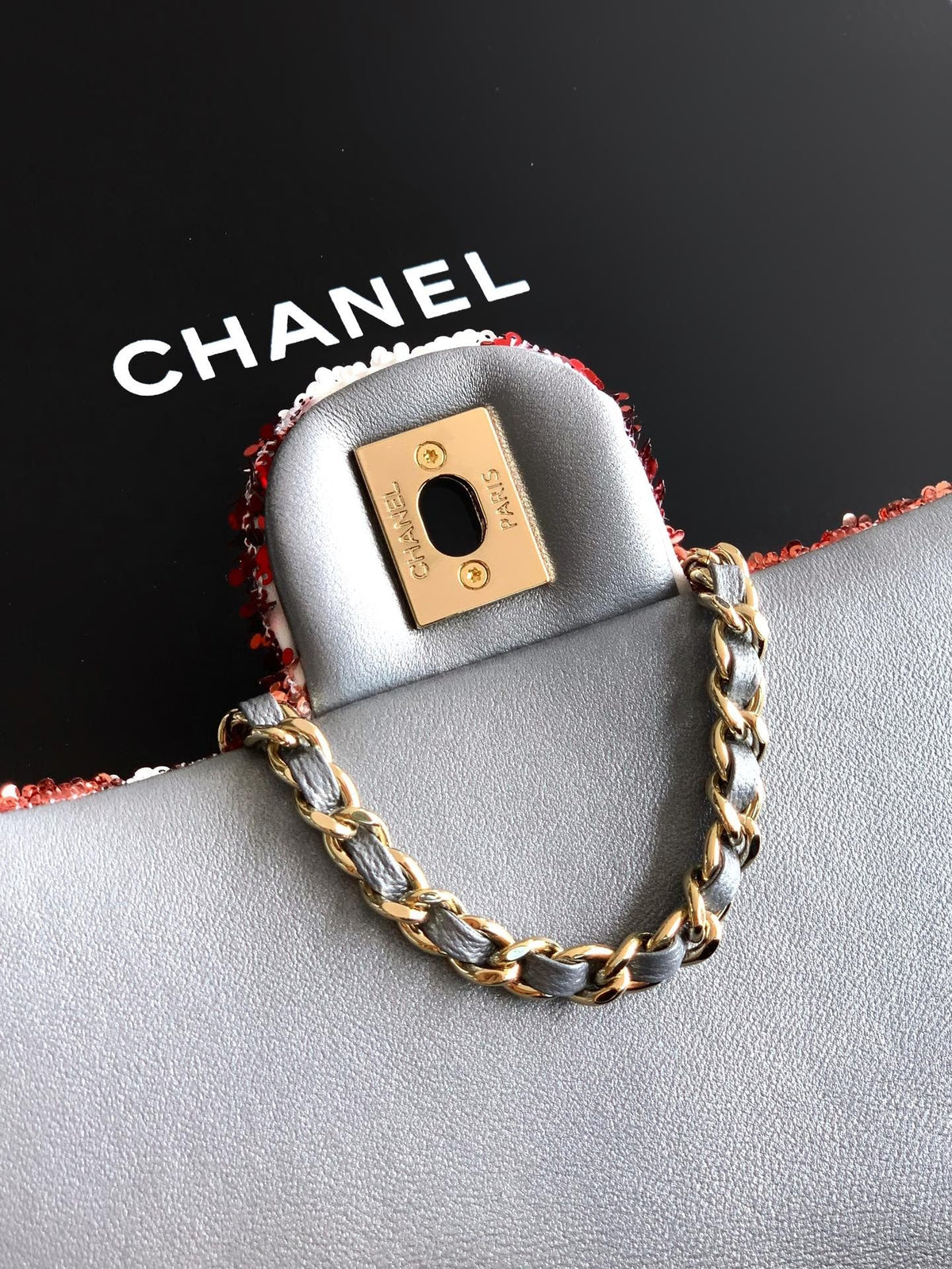 Chanel 2026 Flap Bag 20cm Red mix White Sequin Leather