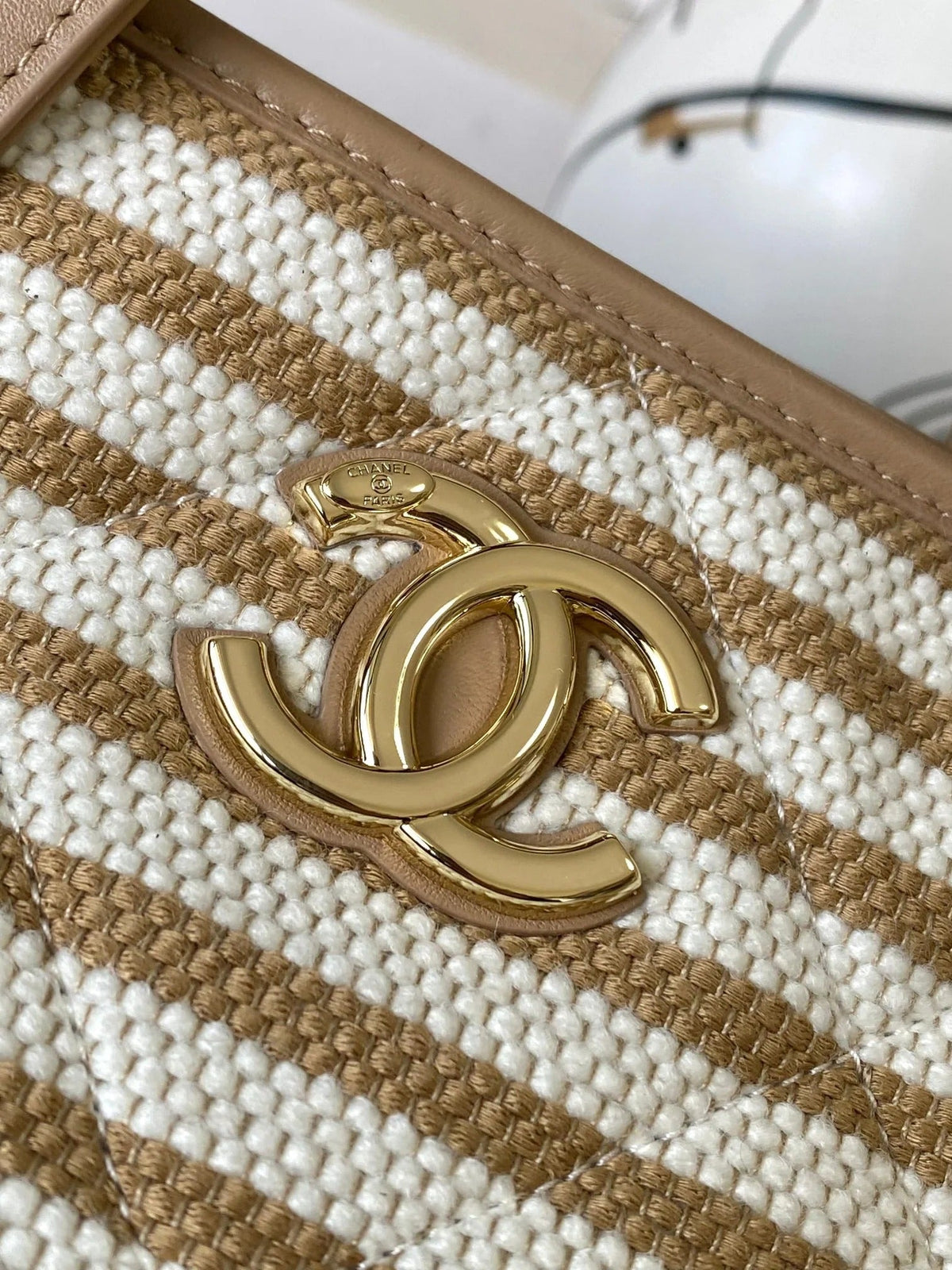 Chanel 2026 Deauville Tote Bag 46cm Beige mix White Canvas Leather 331126