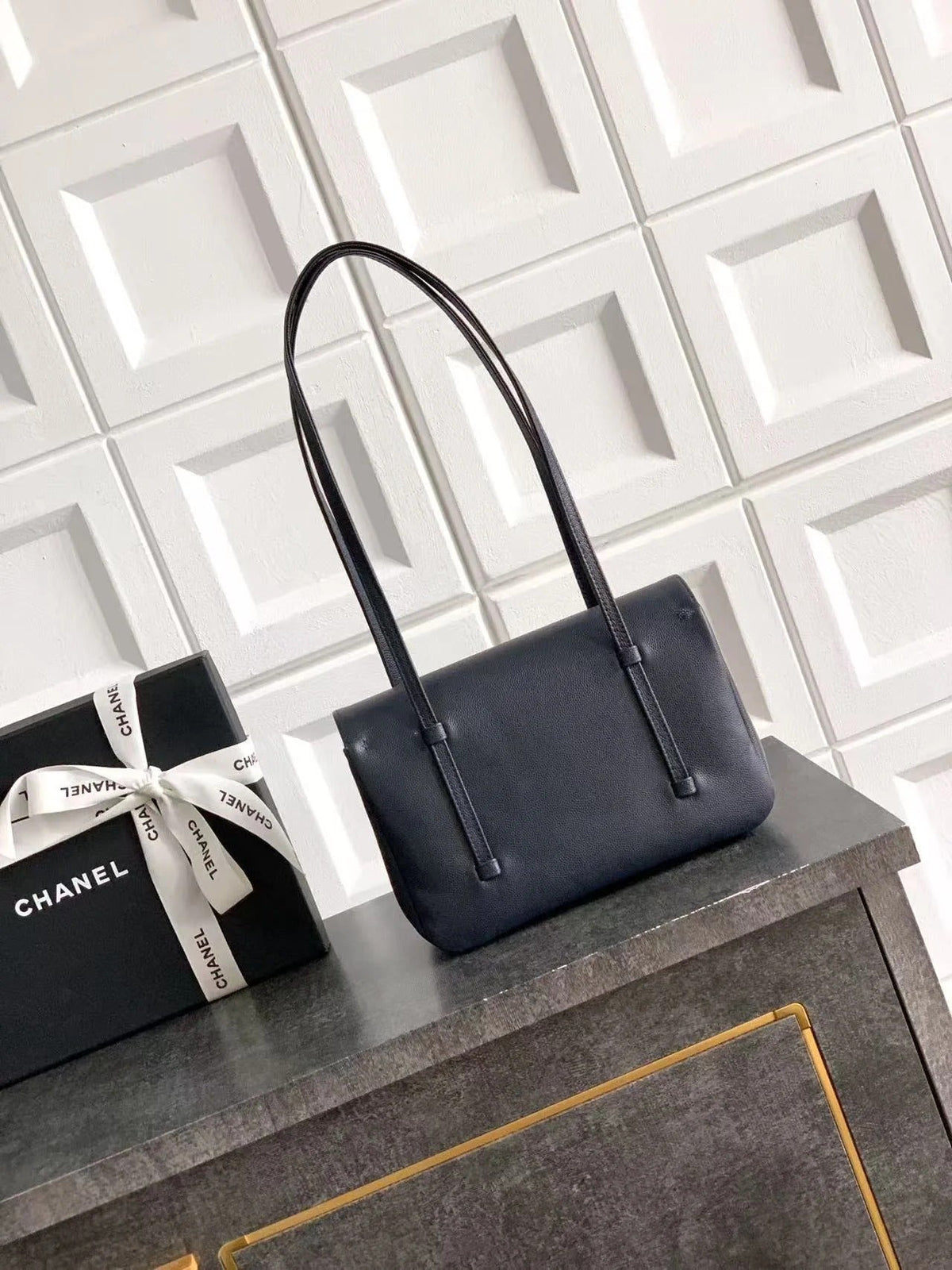Chanel 2026 Bag 22cm Blue Grained Shiny Calfskin