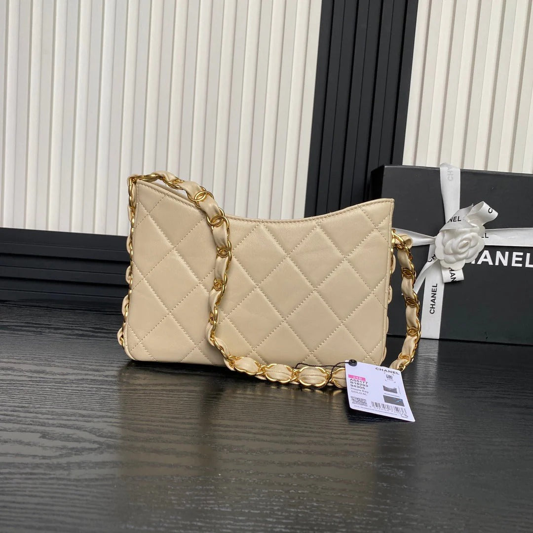 CC HOBO BAG 24 IN BEIGE CALFSKIN GOLD DOUBLE C THICK CHAIN