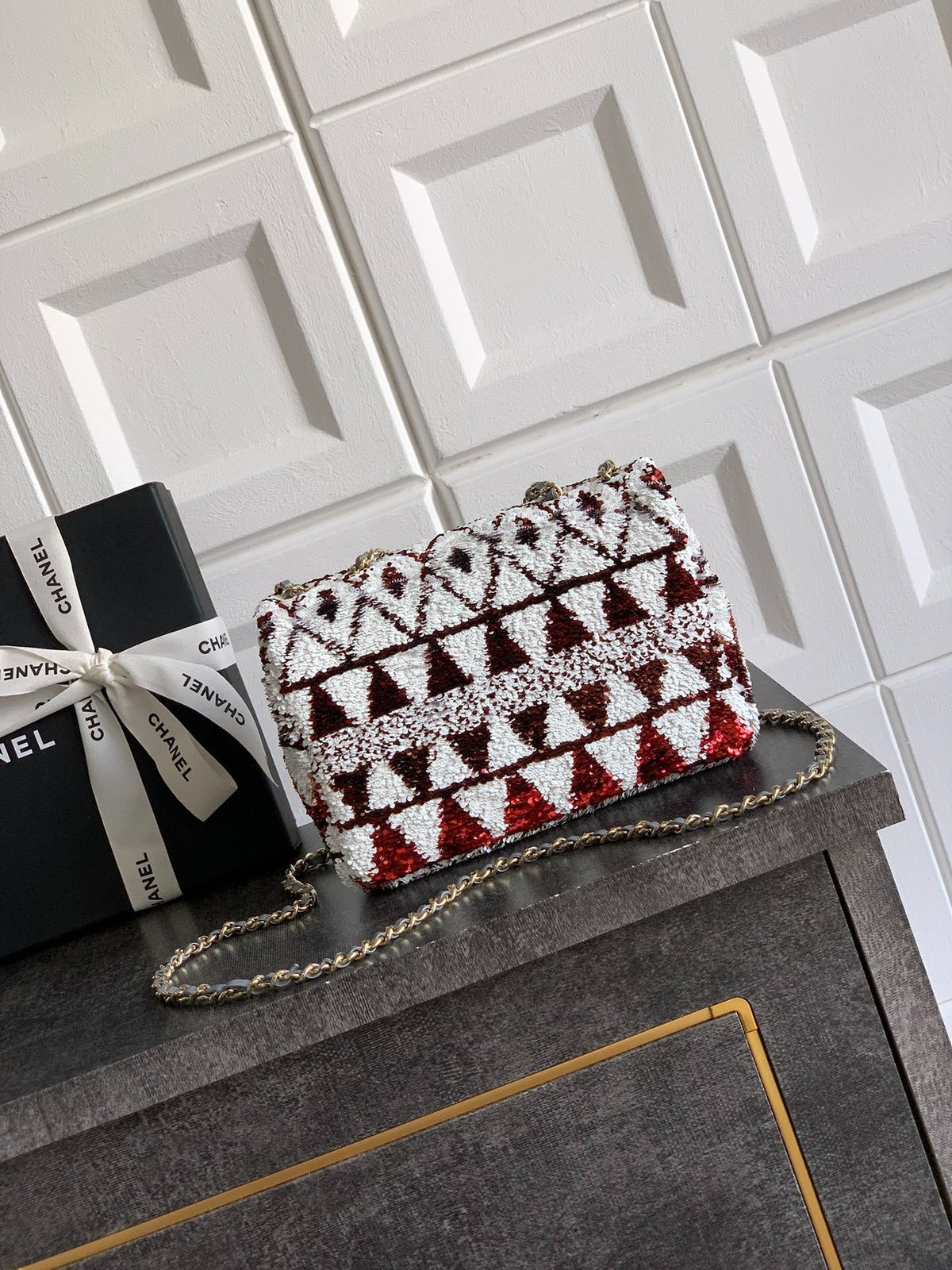 Chanel 2026 Flap Bag 20cm Red mix White Sequin Leather